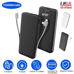 10000mAh Power Bank Portable Charger With US Plug 2 Built-in Cables External Battery Pack With 4 Ouputs 3 Inputs Fit For IOS Phone 14 Android And More